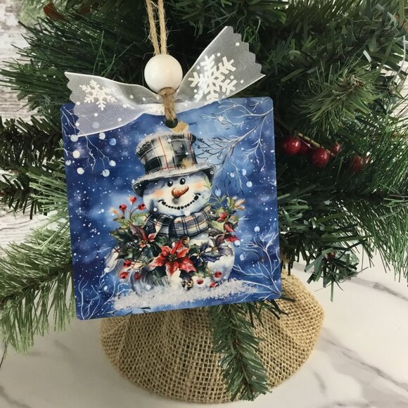 Plaid Snowman Christmas Ornament 3.5" Square Wooden Ornament - Picture 1 of 4